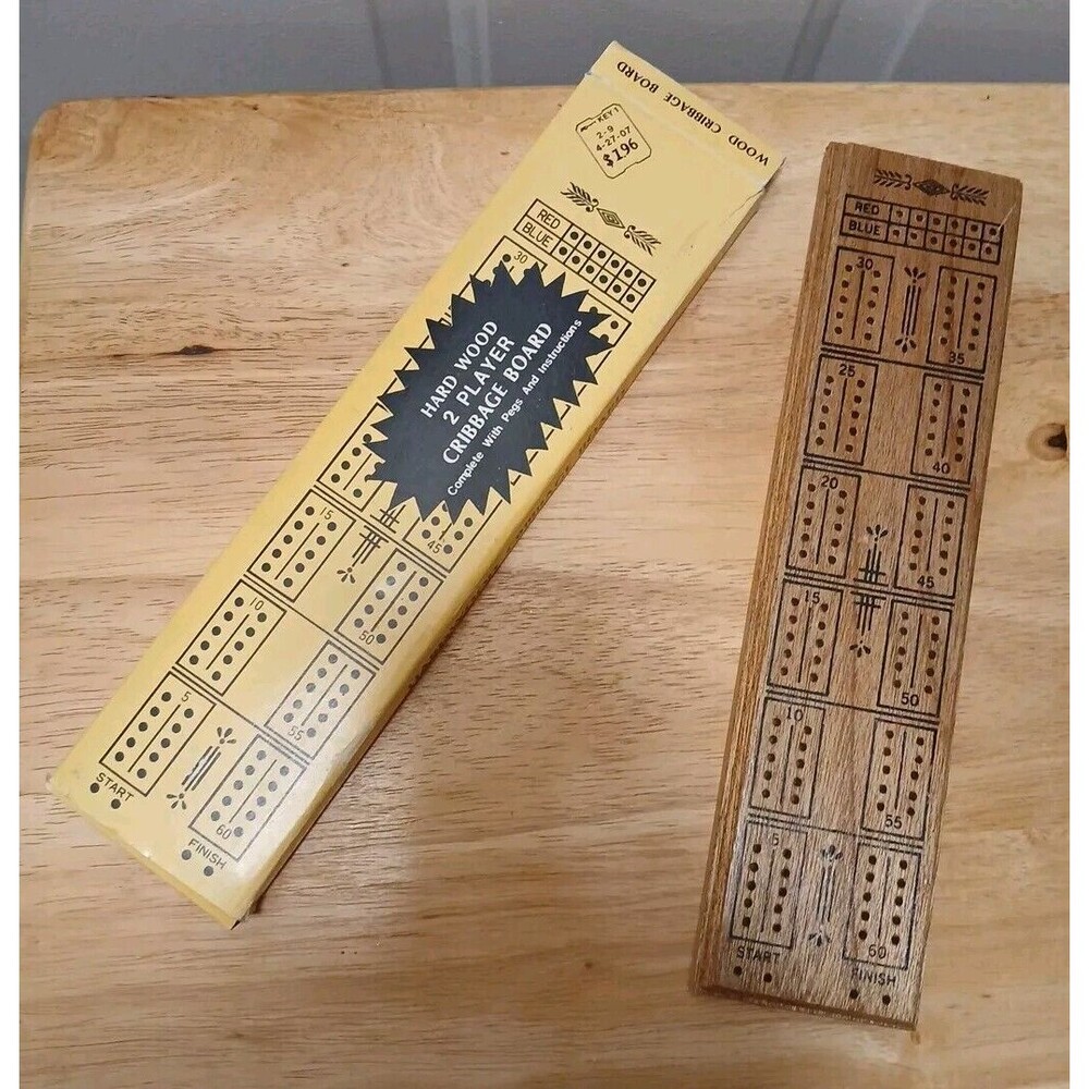 Vintage CRIBBAGE BOARD Hardwood 2 Player Instructions 5‎ Pegs